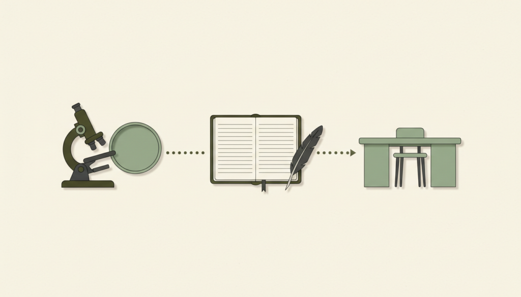 Microscope, boîte de culture, carnet et bureau de consultation illustrant les étapes de recherche.