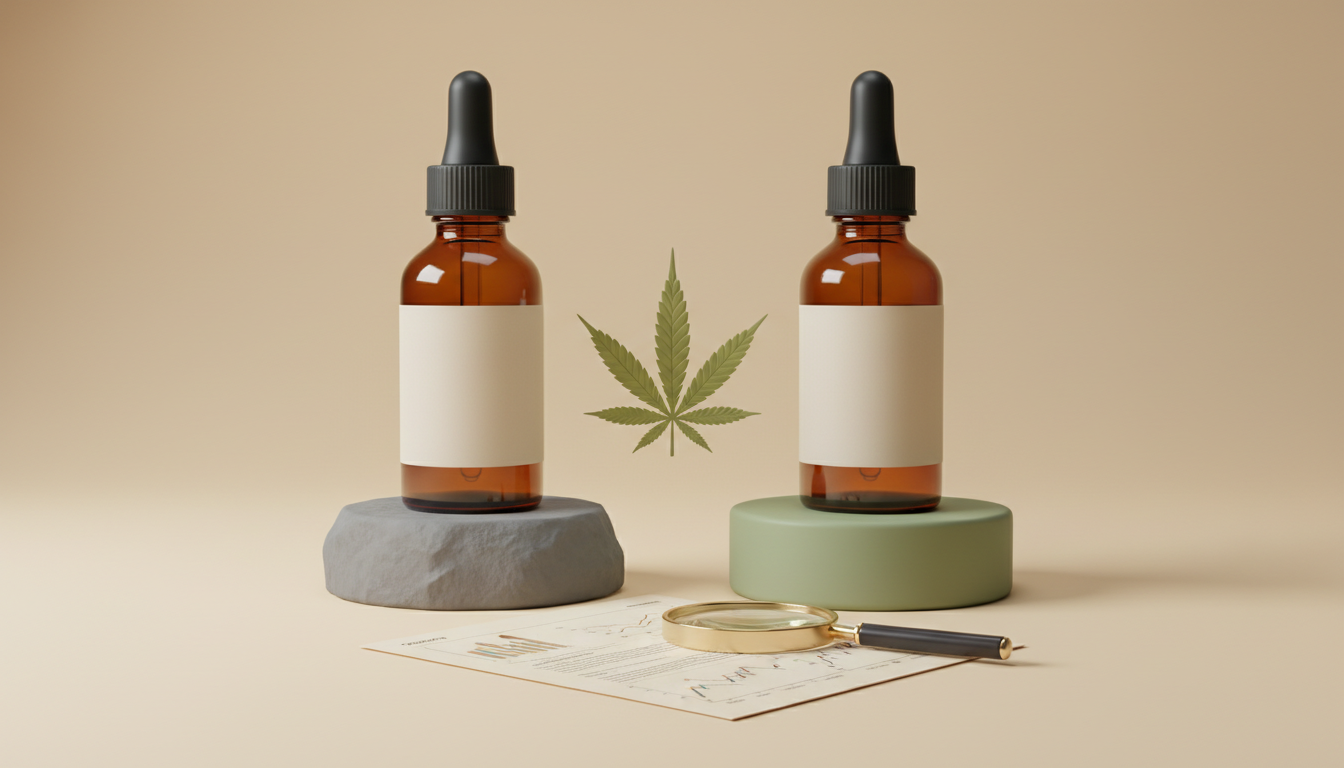 Deux flacons non marqués et un document à la loupe pour distinguer CBD et CBG.