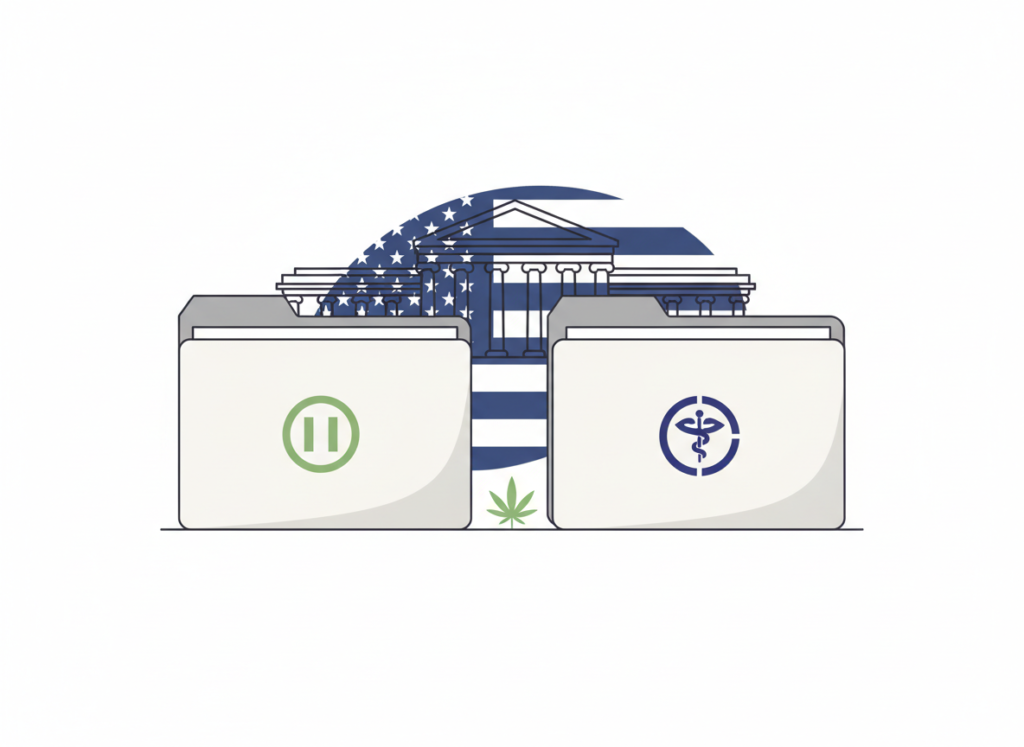 Illustration symbolique de deux dossiers réglementaires américains, dont un en pause, sur le thème du cannabis.