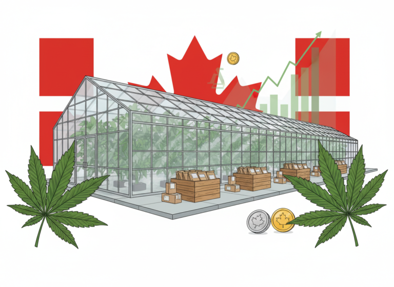 Illustration éditoriale d’une serre de cannabis réglementé au Canada avec un drapeau canadien, sur le thème de l’économie agricole.