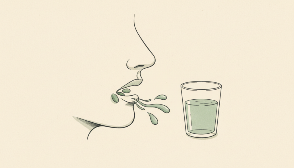 Mâchoire stylisée, glandes salivaires schématiques et verre d’eau pour évoquer la salivation.