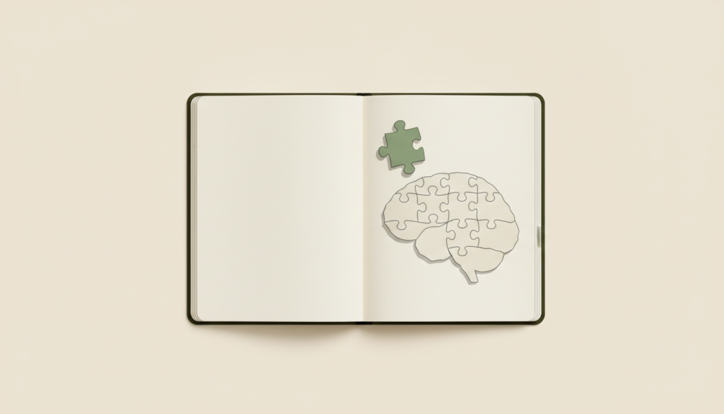 Cerveau et carnet stylisés avec une pièce de puzzle différente, illustration de la reconstruction des souvenirs.