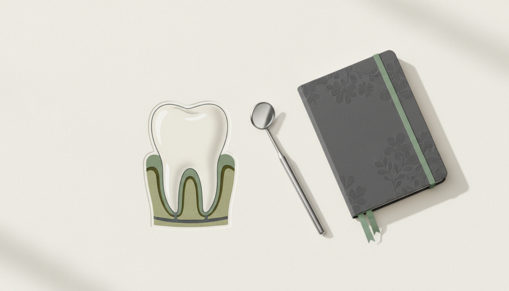 Dent et tissus de soutien stylisés avec un miroir dentaire, pour évoquer la santé des gencives.