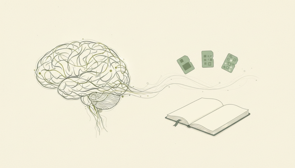 Illustration conceptuelle d’un cerveau, de cartes et d’un carnet évoquant la mémoire de travail.