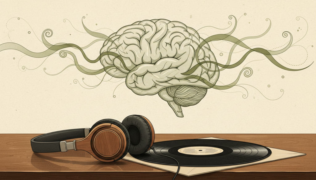 Casque audio, disque et cerveau stylisé reliés par des rubans sonores abstraits.