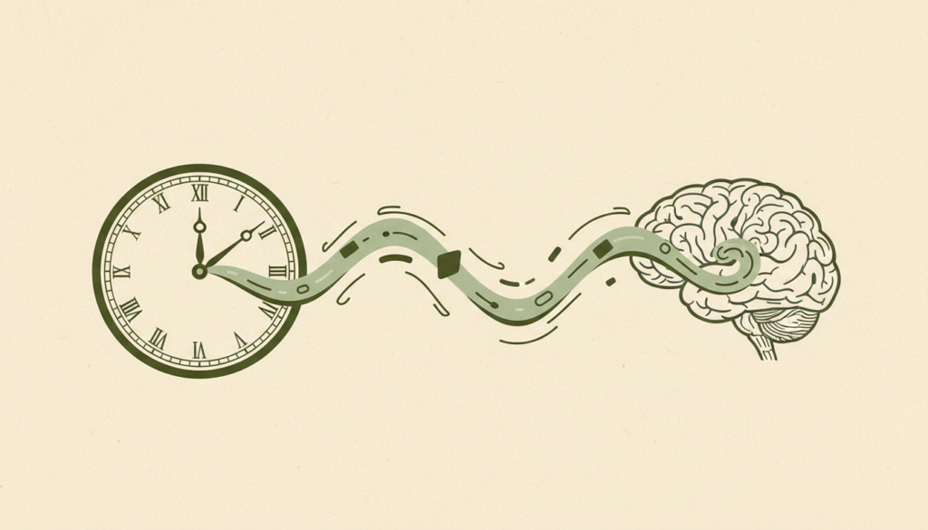 Horloge sans chiffres, ruban étiré et cerveau stylisé pour distinguer temps mesuré et durée ressentie.