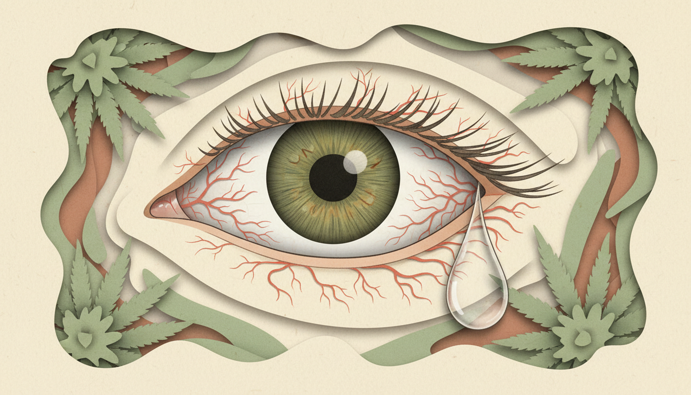Œil stylisé, petits vaisseaux et larme illustrant les causes possibles des yeux rouges.