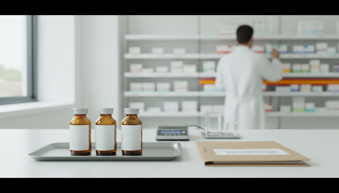 Illustration d’une pharmacie hospitalière avec des flacons ambrés et un dossier de traçabilité.
