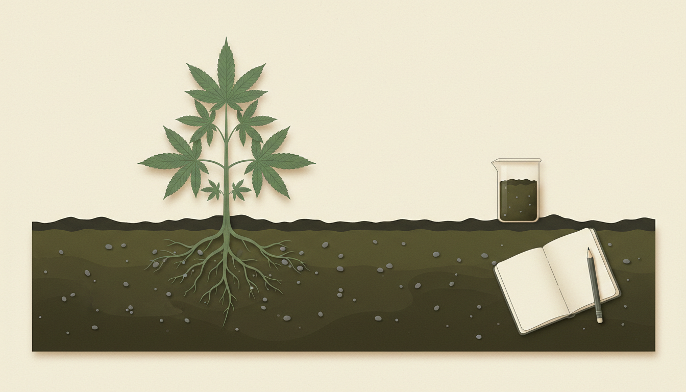 Plant de chanvre et racines dans un sol, à côté d’un échantillon d’analyse.