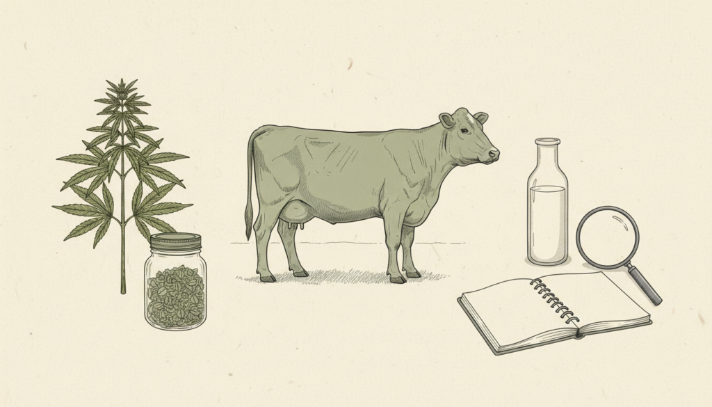 Chanvre, silhouette de vache et échantillon de lait illustrant une chaîne d’analyse alimentaire.