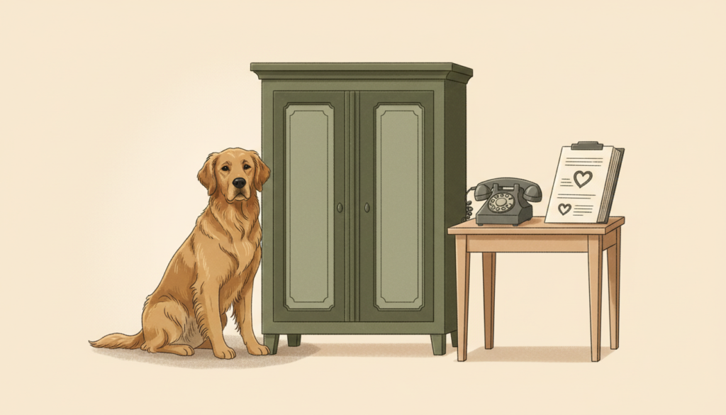 Chien près d’un placard fermé, téléphone et dossier vétérinaire évoquant la prévention des intoxications.