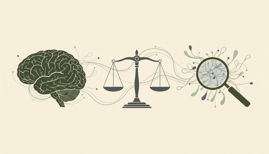 Illustration conceptuelle réunissant un cerveau, une balance de justice et une loupe pour distinguer effets, statut légal et risques.