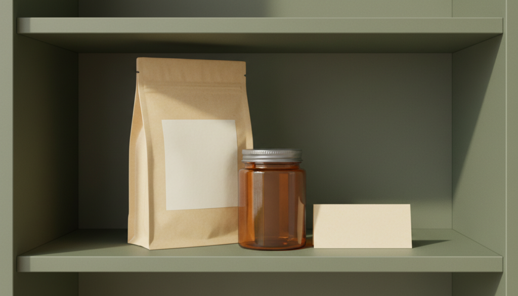 Sachet fermé et bocal ambré rangés à l’abri de la lumière dans un placard, illustration de conservation.
