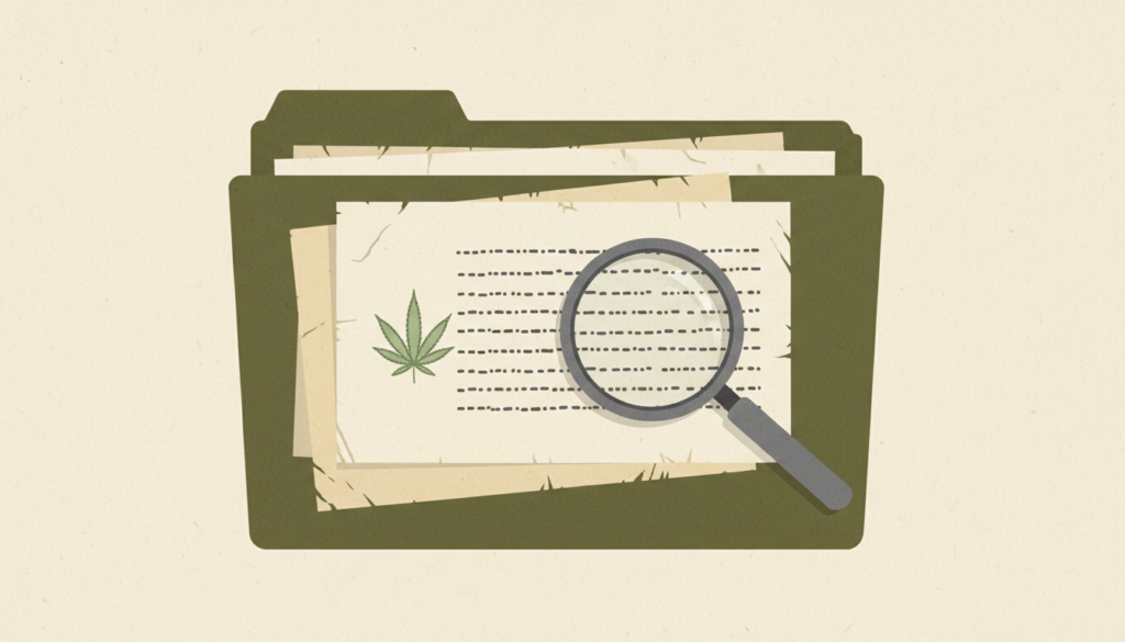 Documents d’archives, loupe et dessin botanique de chanvre pour comparer des données sur le THC.