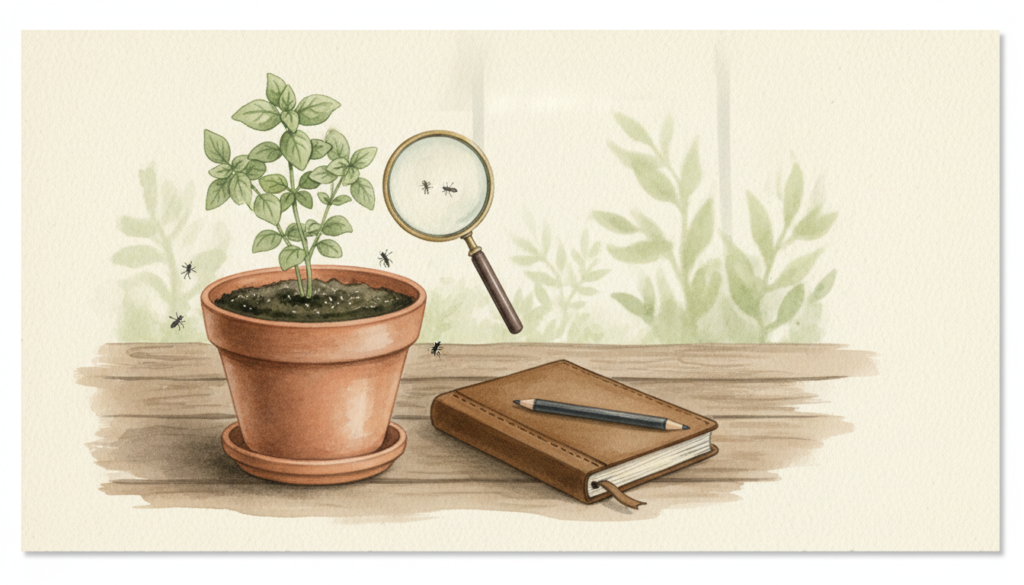 Pot de plante aromatique, loupe et petites silhouettes d’insectes évoquant l’observation du terreau.