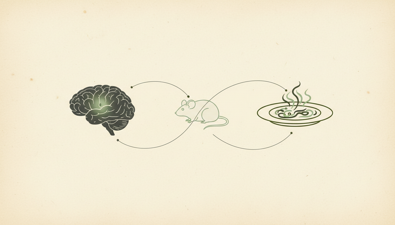 Cerveau, silhouette de souris et assiette illustrant les recherches sur l’appétit.