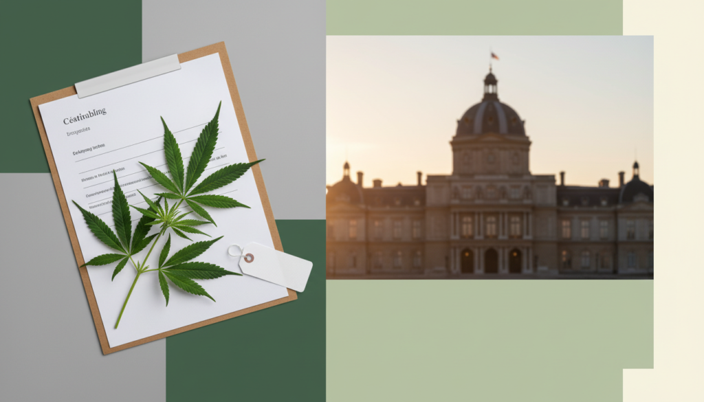 Illustration de la proposition de loi CBD au Sénat : Palais du Luxembourg, chanvre et dossier de traçabilité.