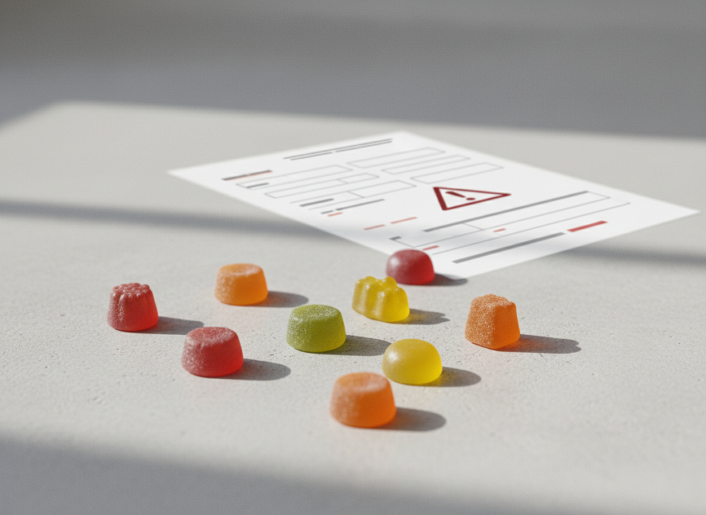 Illustration éditoriale de gummies génériques avec un symbole d’alerte, pour un article sur un rappel de produits au THC.