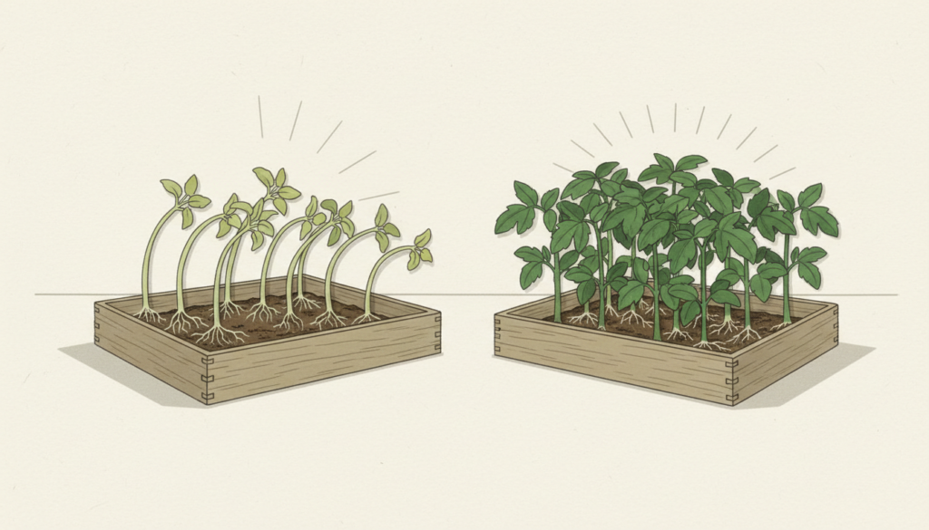 Deux groupes de jeunes tomates, l’un allongé et l’autre compact, illustrant des conditions de croissance différentes.