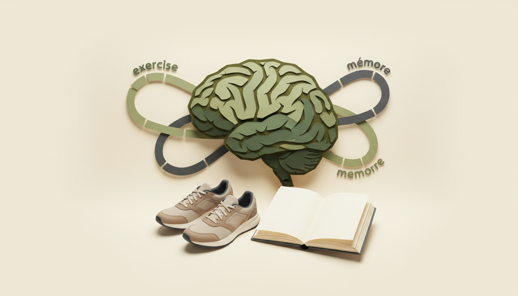 Chaussures de sport, carnet et cerveau stylisé évoquant une étude sur l’exercice et la mémoire.