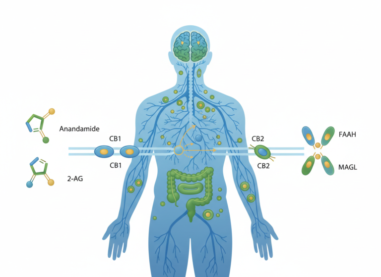 Illustration pédagogique du système endocannabinoïde avec récepteurs CB1 et CB2, anandamide, 2-AG et signalisation neuronale.