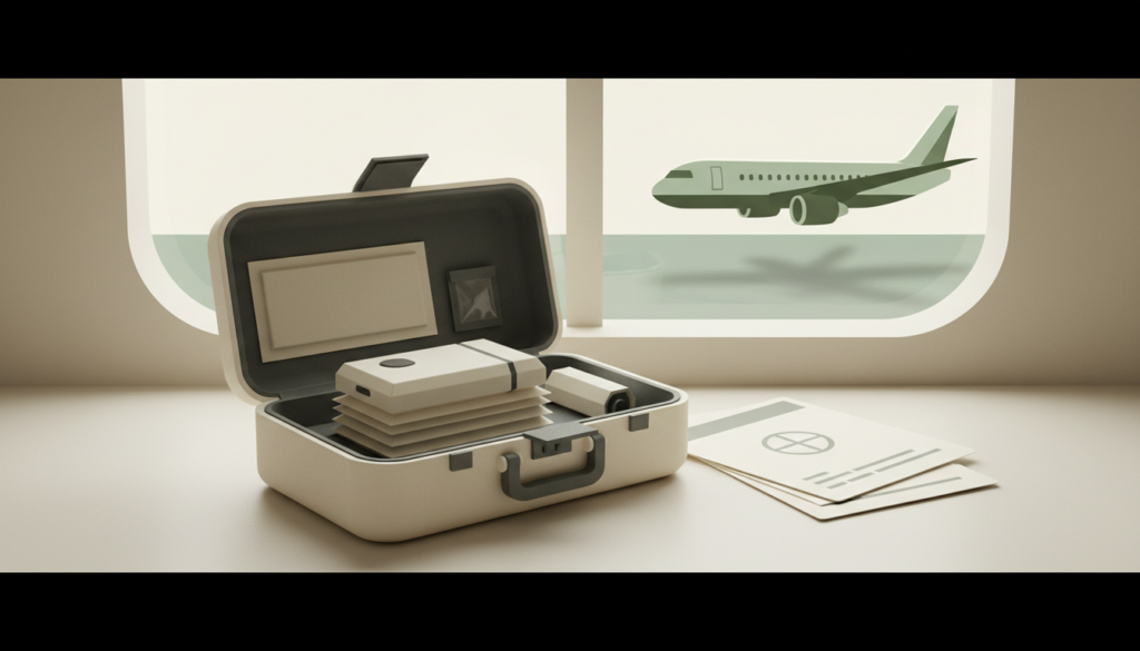 Étui avec appareil éteint, batterie protégée et documents devant une fenêtre d’aéroport.