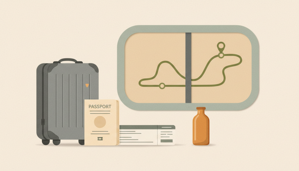 Valise, documents de voyage et petit flacon non marqué dans un décor d’aéroport.