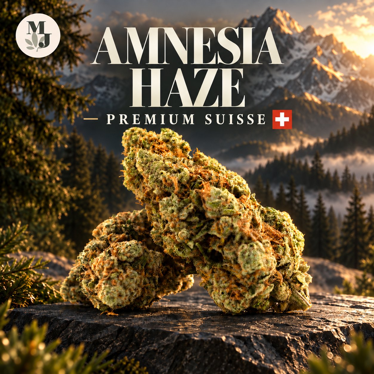Amnesia Haze Premium Suisse, fleur sur pierre sombre dans un décor alpin avec drapeau suisse