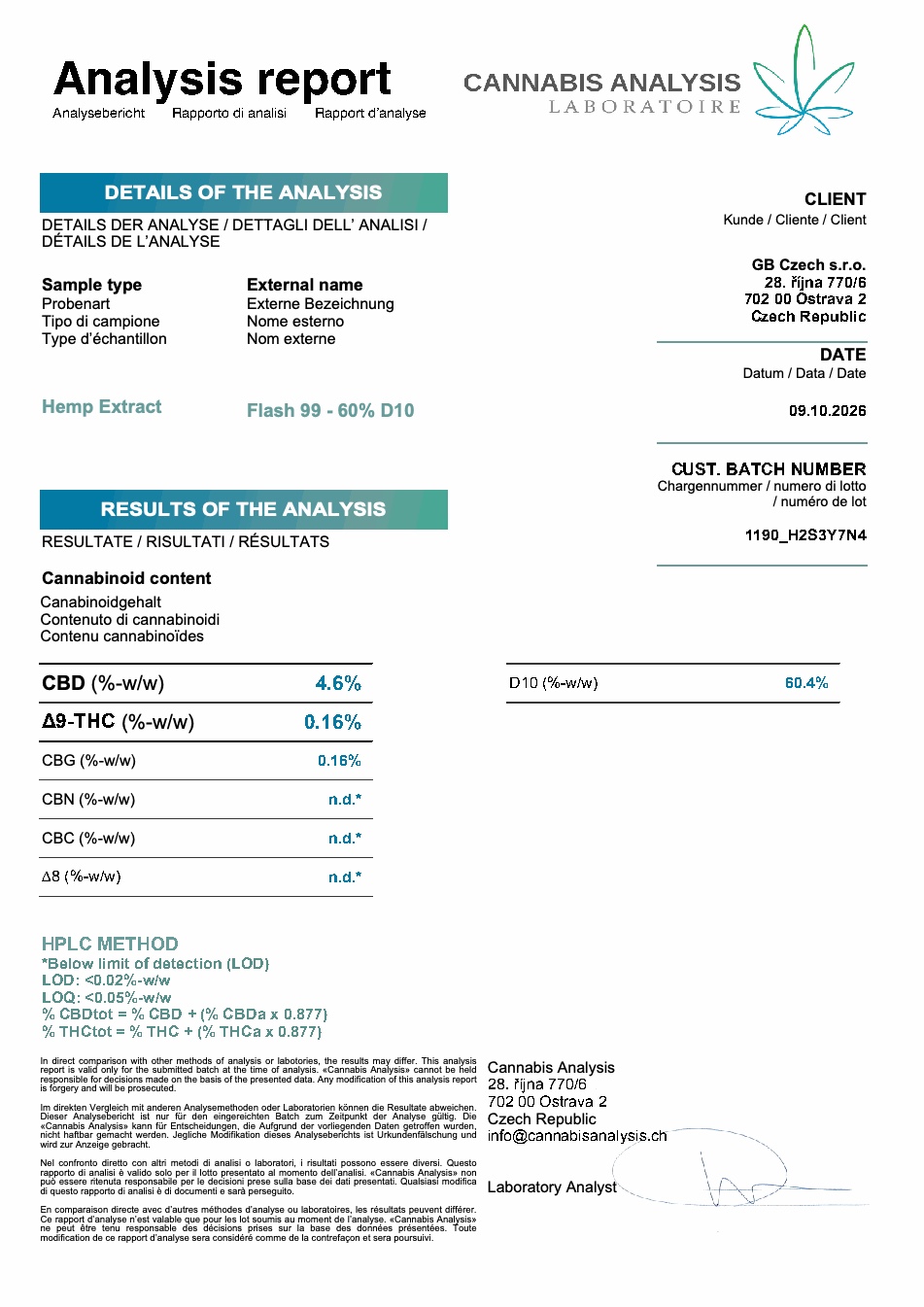Certificat d’analyse Flash 99 D10, lot 1190_H2S3Y7N4, rapport du 09/10/2026
