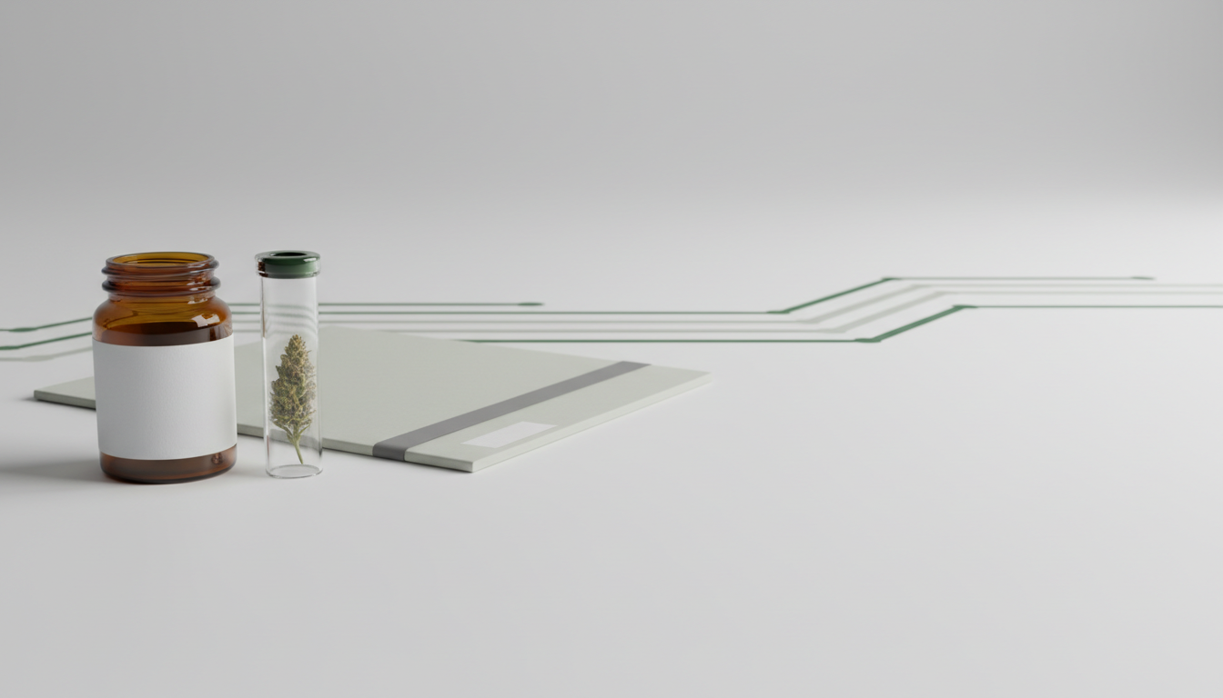 Illustration symbolique de flacons pharmaceutiques, d’un échantillon de cannabis et d’un dossier administratif.