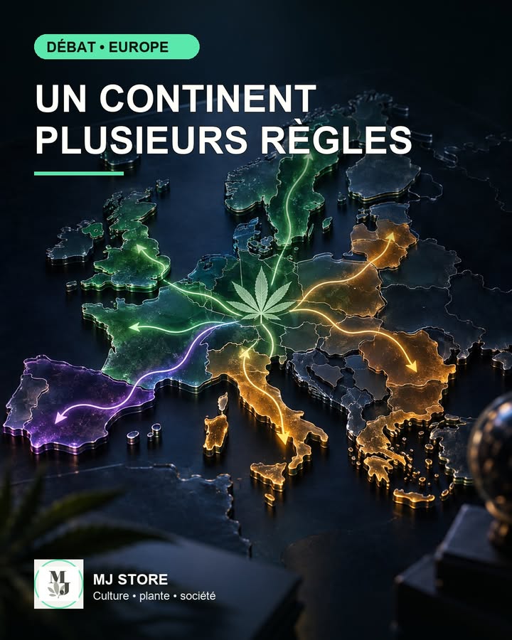 Illustration éditoriale stylisée de l’Europe pour comparer les politiques nationales du cannabis
