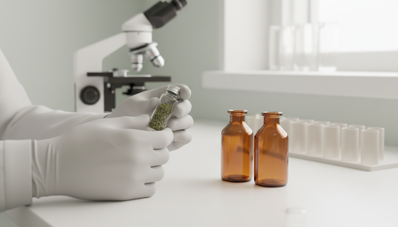 Illustration d’un contrôle de qualité en laboratoire, avec gants, flacons et microscope.