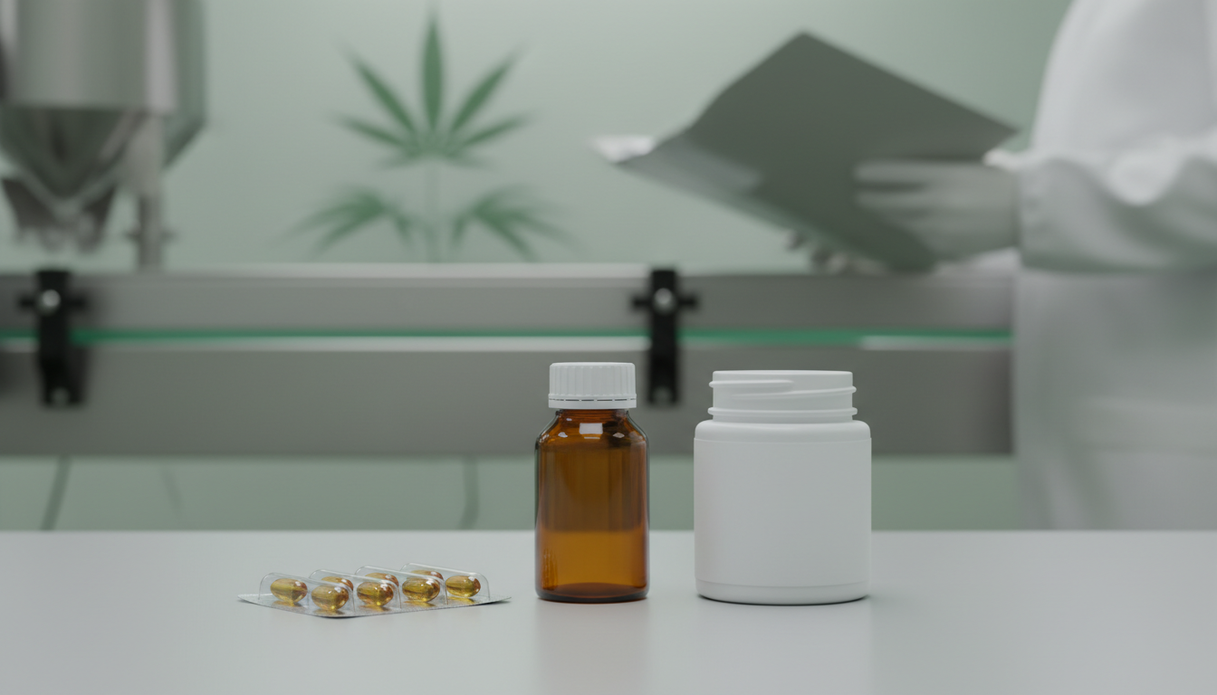 Illustration du conditionnement pharmaceutique : capsules molles, flacon ambré et pot scellé sur une paillasse.