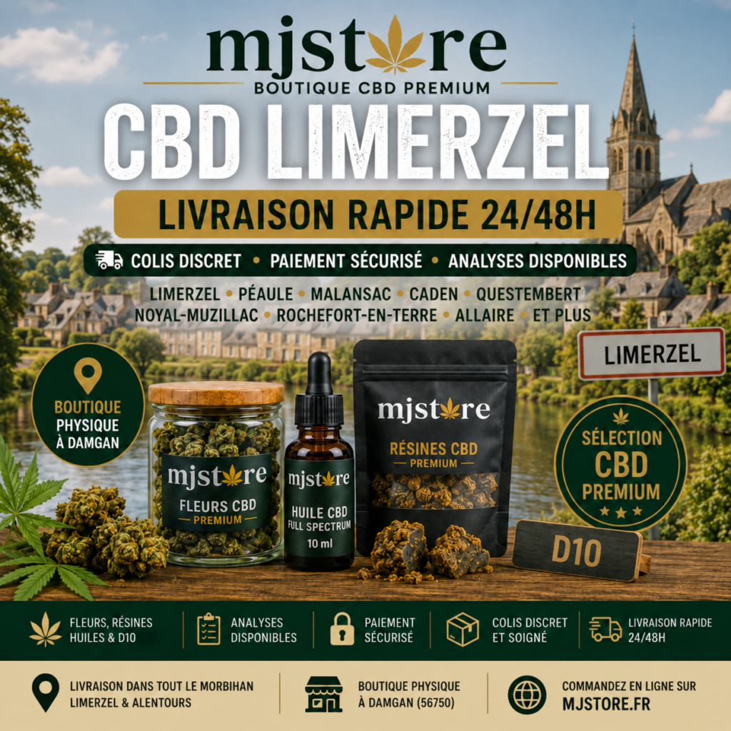 CBD Limerzel livraison rapide MJ Store boutique proche Damgan fleurs résines huiles D10 et analyses disponibles