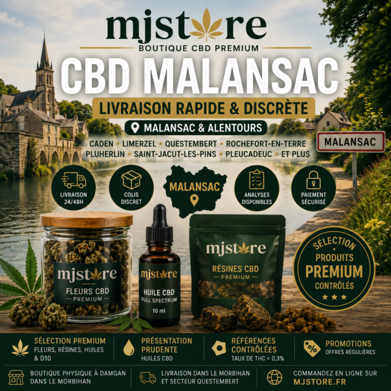 CBD Malansac livraison rapide MJ Store boutique proche Damgan fleurs résines huiles et analyses disponibles