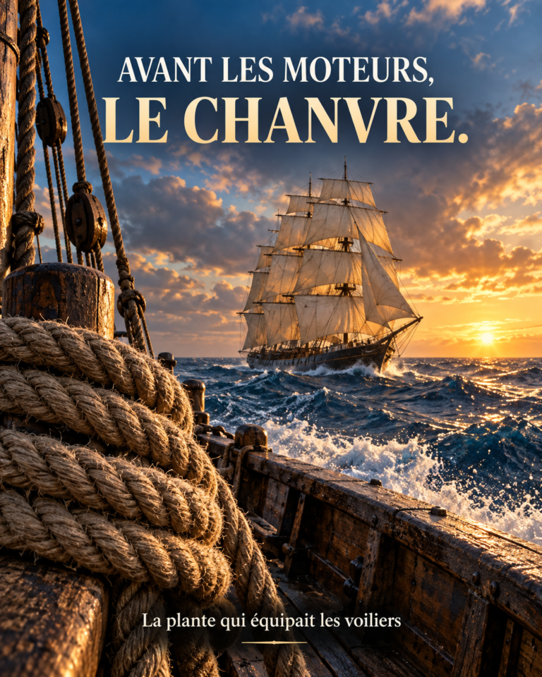 Reconstitution IA d’un voilier ancien et d’un épais cordage naturel, titre Avant les moteurs, le chanvre.