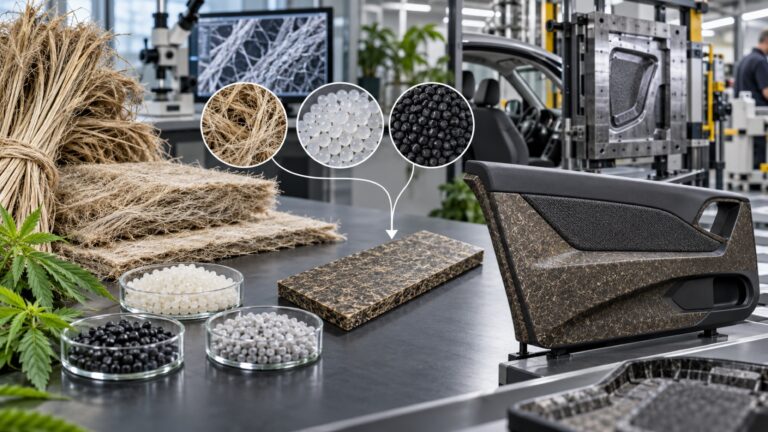 Fibres de chanvre, polymères et pièce composite automobile dans un laboratoire de matériaux