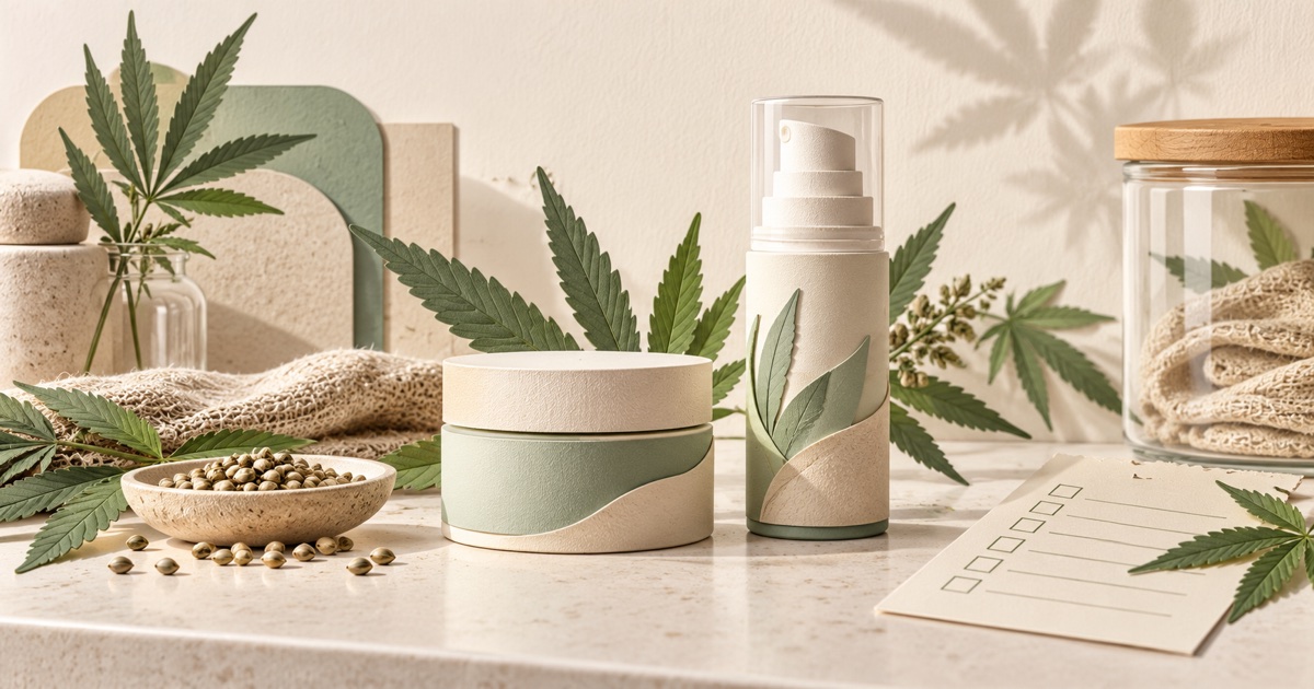 Illustration de cosmétiques au chanvre : pot de crème et flacon à pompe, pour expliquer la conservation des formules