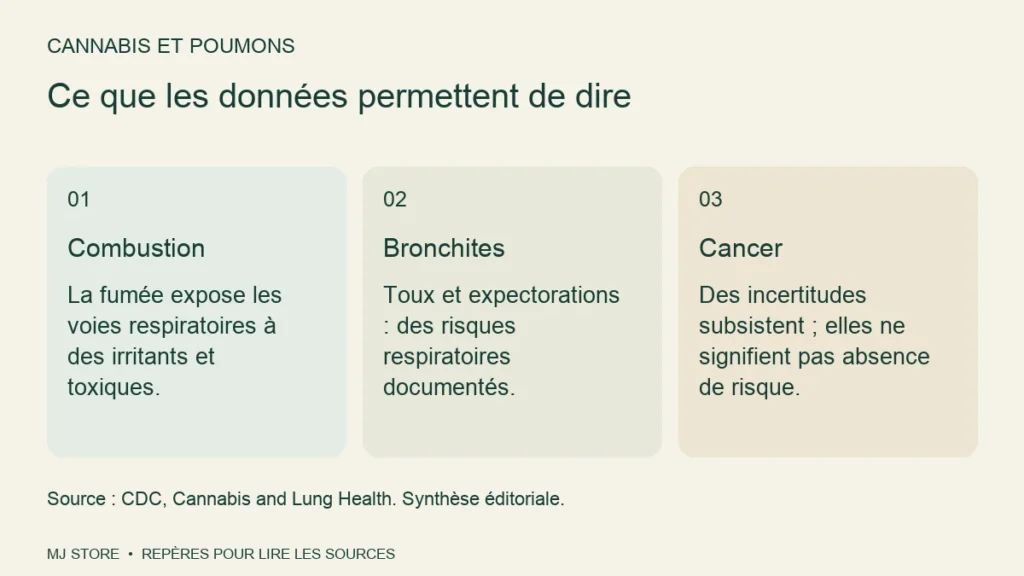Ce que les données permettent de dire. Combustion : La fumée expose les voies respiratoires à des irritants et toxiques. Bronchites : Toux et expectorations : des risques respiratoires documentés. Cancer : Des incertitudes subsistent ; elles ne signifient pas absence de risque.