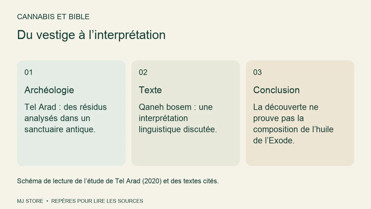Du vestige à l’interprétation. Archéologie : Tel Arad : des résidus analysés dans un sanctuaire antique. Texte : Qaneh bosem : une interprétation linguistique discutée. Conclusion : La découverte ne prouve pas la composition de l’huile de l’Exode.