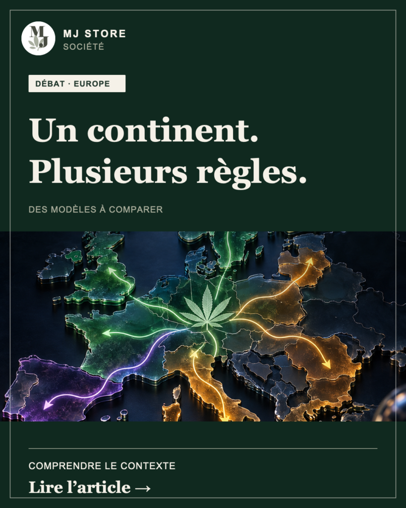 Illustration éditoriale de l’Europe et de plusieurs cadres nationaux du cannabis, dans l’identité visuelle MJ Store