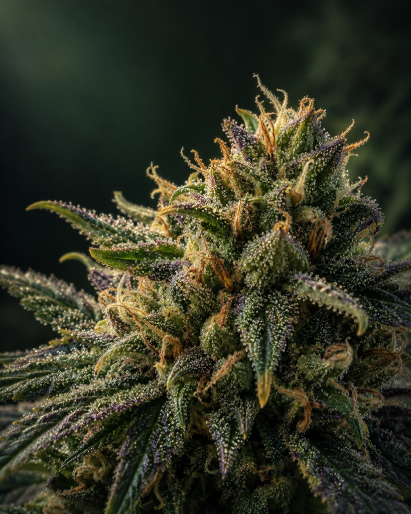 Macro d’une fleur de chanvre montrant les trichomes en surface