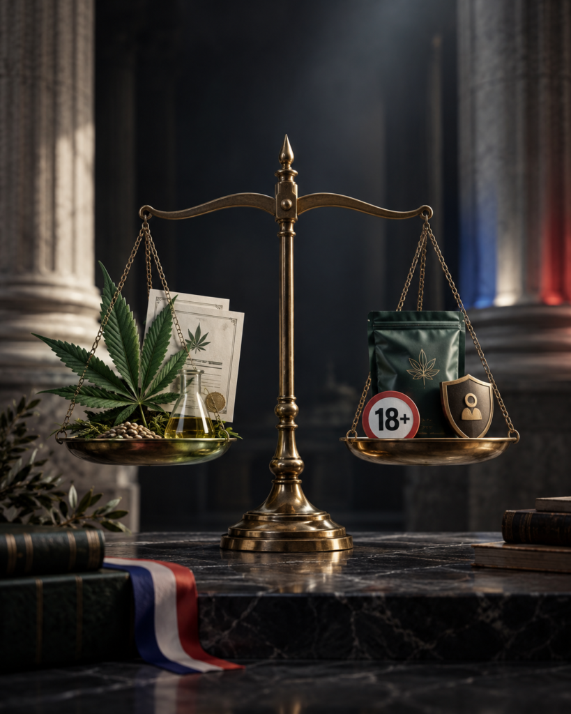 Balance symbolisant l’encadrement du CBD, la protection des mineurs et la traçabilité