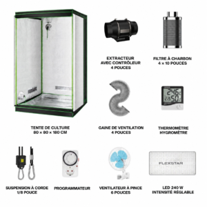 Kit Flexstar LED 240 W FX0002 : tente, extracteur, filtre, gaine, thermohygromètre, suspension, programmateur, ventilateur et panneau LED, légendes en français