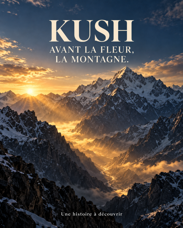 Illustration IA d’un paysage inspiré de l’Hindu Kush, avec le titre Kush : avant la fleur, la montagne.