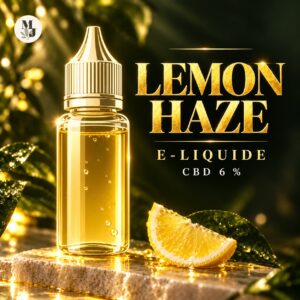 Lemon Haze e-liquide CBD 6 % — illustration avec flacon stylisé et citron