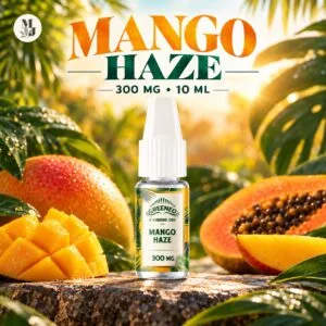 Mango Haze Greeneo — e-liquide CBD 300 mg, flacon 10 ml avec logo MJ Store