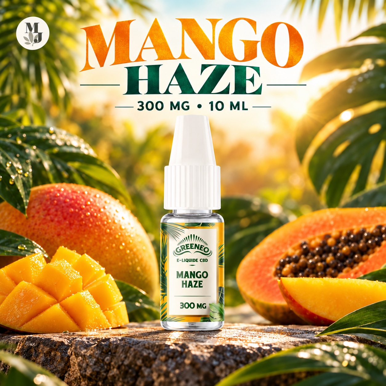 Mango Haze Greeneo — e-liquide CBD 300 mg, flacon 10 ml avec logo MJ Store