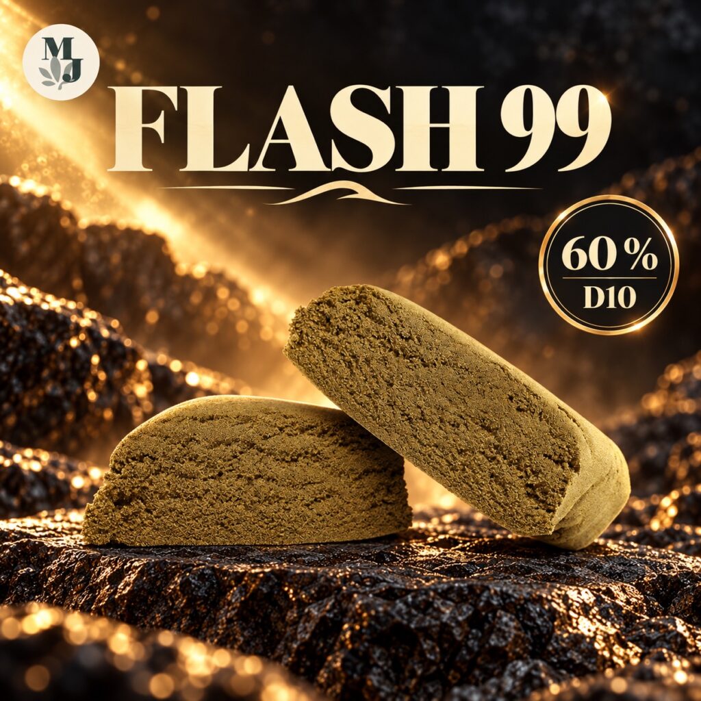 Flash 99 D10 60 % : hash brun olive dans un décor sombre aux éclats dorés, logo MJ Store