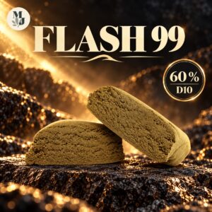 Flash 99 D10 60 % : hash brun olive dans un décor sombre aux éclats dorés, logo MJ Store